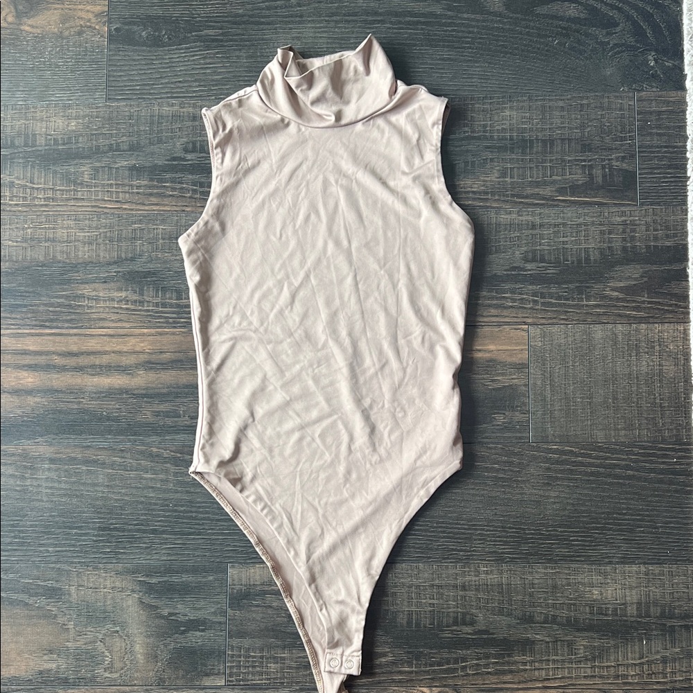 Sleeveless Turtleneck One-Piece Bodysuit - Light Beige